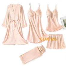 Load image into Gallery viewer, Silk Robe Lace Satin Pajamas Gown Set - Champagne - F