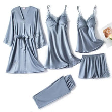 Load image into Gallery viewer, Silk Robe Lace Satin Pajamas Gown Set - Gray - F 200001951