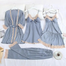 Load image into Gallery viewer, Silk Robe Lace Satin Pajamas Gown Set - Gray - G 350853 / XL