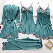 Load image into Gallery viewer, Silk Robe Lace Satin Pajamas Gown Set - Green Blue - A 771