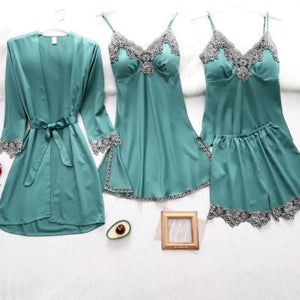 Silk Robe Lace Satin Pajamas Gown Set - Green Blue - B 175