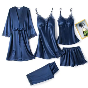 Silk Robe Lace Satin Pajamas Gown Set - Navy Blue - F