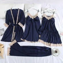 Load image into Gallery viewer, Silk Robe Lace Satin Pajamas Gown Set - Navy Blue - G 29