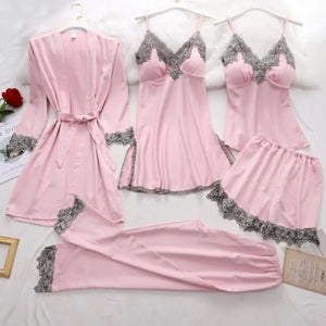 Silk Robe Lace Satin Pajamas Gown Set - Pink - A 173 / XL