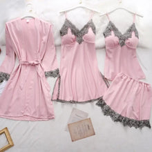 Load image into Gallery viewer, Silk Robe Lace Satin Pajamas Gown Set - Pink - B 200002130