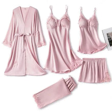 Load image into Gallery viewer, Silk Robe Lace Satin Pajamas Gown Set - Pink - F 203008818