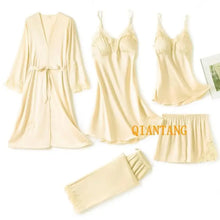 Load image into Gallery viewer, Silk Robe Lace Satin Pajamas Gown Set - Yellow - F