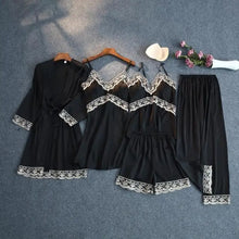Load image into Gallery viewer, Silky Lace Lounge Pajama Set - Black - B- 5pc / XL