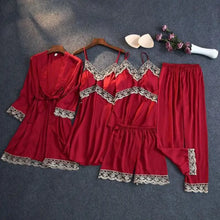 Load image into Gallery viewer, Silky Lace Lounge Pajama Set - Burgundy - B- 5pc / L