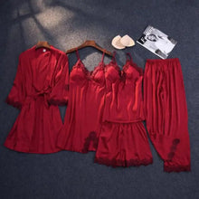 Load image into Gallery viewer, Silky Lace Lounge Pajama Set - Burgundy - C - 5pc / XL