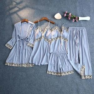 Silky Lace Lounge Pajama Set - Gray - B - 5pc / XL