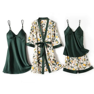 Silky Lace Lounge Pajama Set - Green - 4pcs / XXL