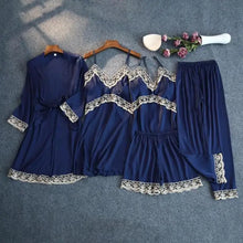 Load image into Gallery viewer, Silky Lace Lounge Pajama Set - Navy Blue - B- 5pc / XL