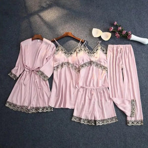 Silky Lace Lounge Pajama Set - Pink - B - 5pc / XXL