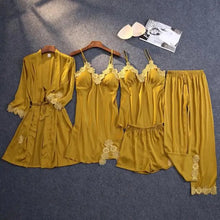 Load image into Gallery viewer, Silky Lace Lounge Pajama Set - Yellow - C - 5pc / XL