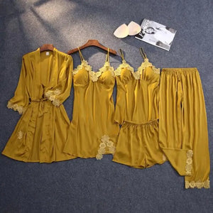 Silky Lace Lounge Pajama Set - Yellow - C - 5pc / XL