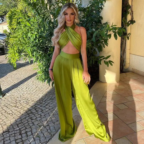 Silky Sleeveless Halter Crop Top & Pants Set