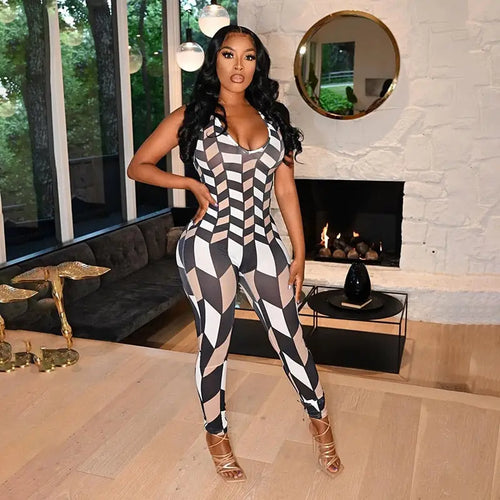 Skinny Plaid Sleeveless Low O-Neck Jumpsuit