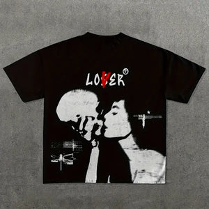 Skull Print Crew Neck Tee - Black / S(4) - customized