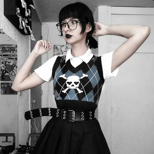 Skull Print Sweater Vest Copped Top
