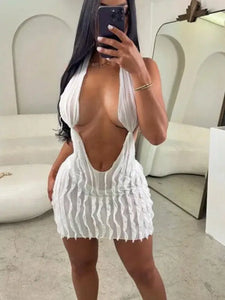 Slayr Deep V Neck Halter Bodycon Dress for Women - White