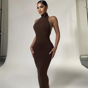 Sleeveless Backless Halter Bodycon Dress - Brown / L