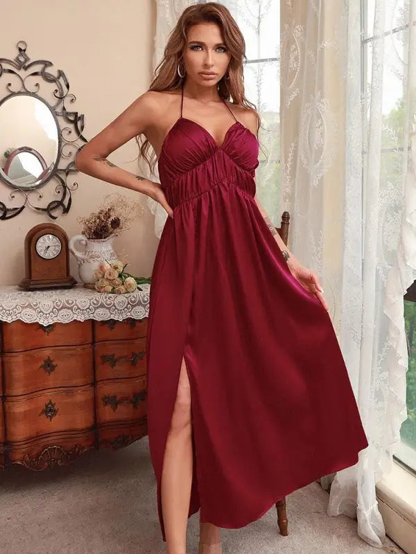 Sleeveless Deep V Neck Ruched Long Dress
