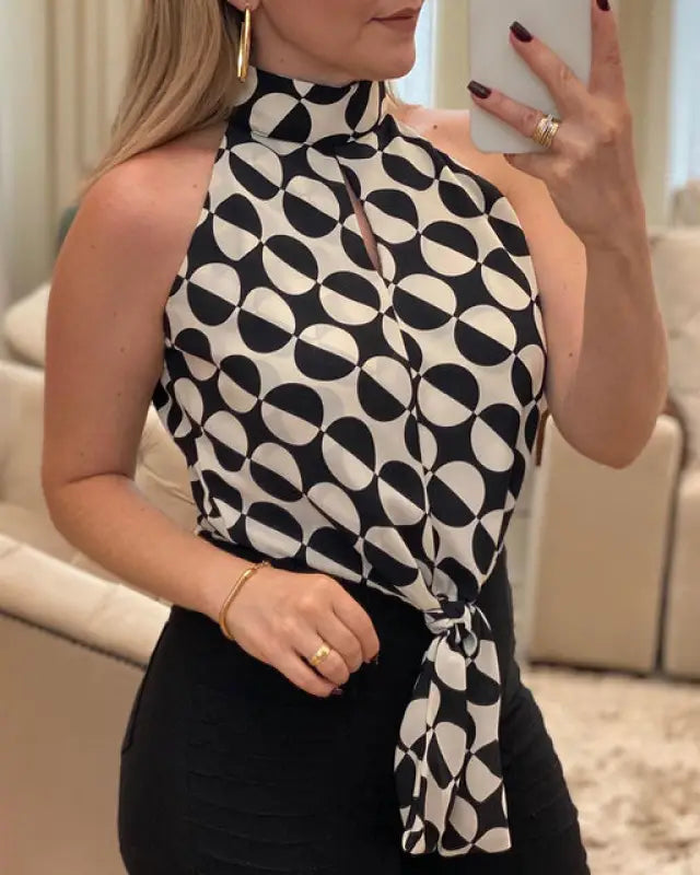 Sleeveless Polka dot Print Blouse - black / M