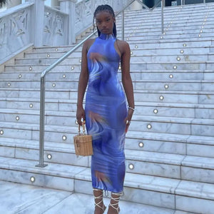 Sleeveless Printed Bodycon Slim Pencil Dress - Deep Blue / S