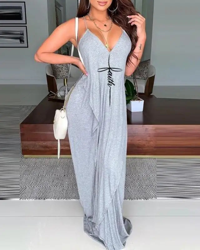 Sleeveless V Neck Comfortable Spaghetti Strap Dress - Gray