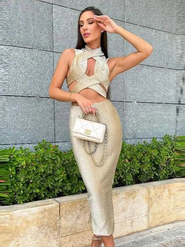 Sleeveless V Neck Cutout Bodycon Midi Dress
