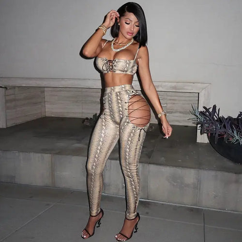 Snake Print Hollow Out Drawstring Matching Set