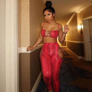 Snake Print Hollow Out Drawstring Matching Set
