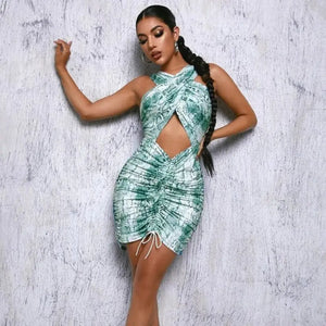 Snakeskin Print Crisscross Cutout Ruched Dress - M / Green