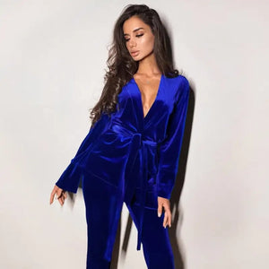 Solid 2 Piece Long Sleeve Velvet Pajamas - Blue / L