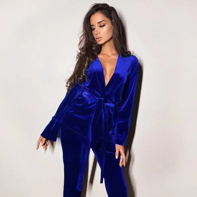 Solid 2 Piece Long Sleeve Velvet Pajamas - Blue / L