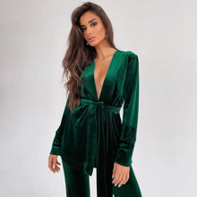 Load image into Gallery viewer, Solid 2 Piece Long Sleeve Velvet Pajamas - Green / L