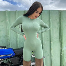 Load image into Gallery viewer, Solid Bodycon O Neck Zipper Skinny Fit Jumpsuit - M / green