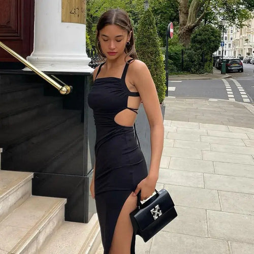 Solid Color Backless Cut-Out Sling High Slit Dress
