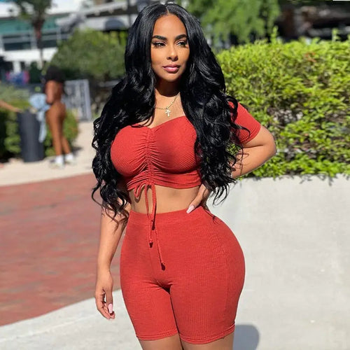 Solid Color Lace Off-Shoulder Short Sleeve Two Piece Set