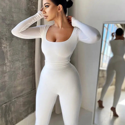 Solid Color Low Cut Long Sleeve Slim Fit Jumpsuit