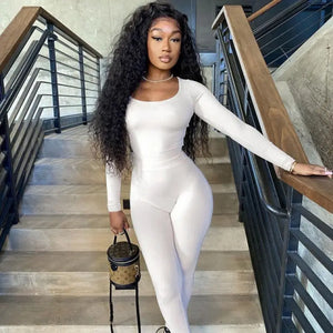 Solid Color Low Cut Long Sleeve Slim Fit Jumpsuit - Beige