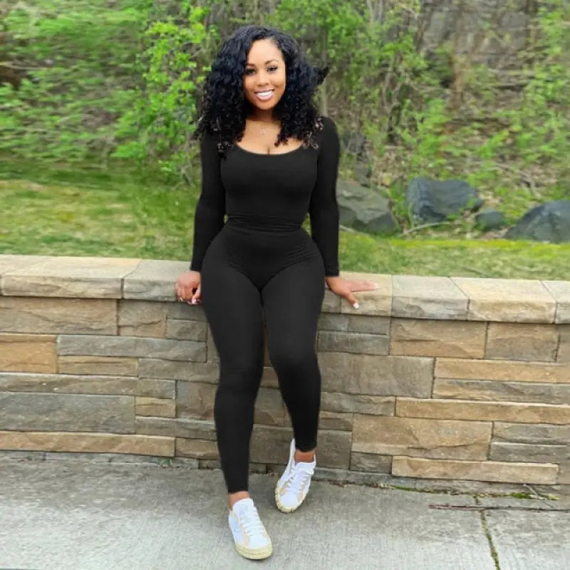 Solid Color Low Cut Long Sleeve Slim Fit Jumpsuit - black