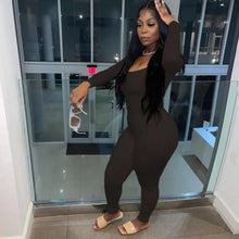 Load image into Gallery viewer, Solid Color Low Cut Long Sleeve Slim Fit Jumpsuit - Brown
