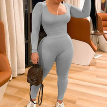 Load image into Gallery viewer, Solid Color Low Cut Long Sleeve Slim Fit Jumpsuit - gray / L