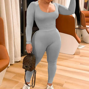 Solid Color Low Cut Long Sleeve Slim Fit Jumpsuit - gray / L