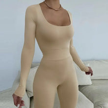 Load image into Gallery viewer, Solid Color Low Cut Long Sleeve Slim Fit Jumpsuit - Khaki