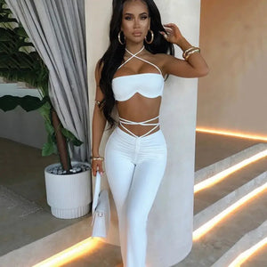 Solid Color Strap Tube Top & High Waist Stretch Trousers
