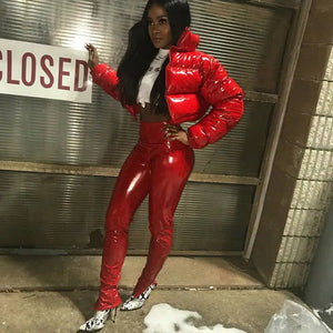 Solid Color Zipper Mirror Leather Thermal Cotton Coat - Red