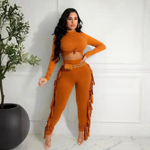 Solid Crop Top and Tassel Pants Set